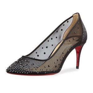 (027) Christian Louboutin Black Follies Strass Mesh 70mm Red Sole Pumps